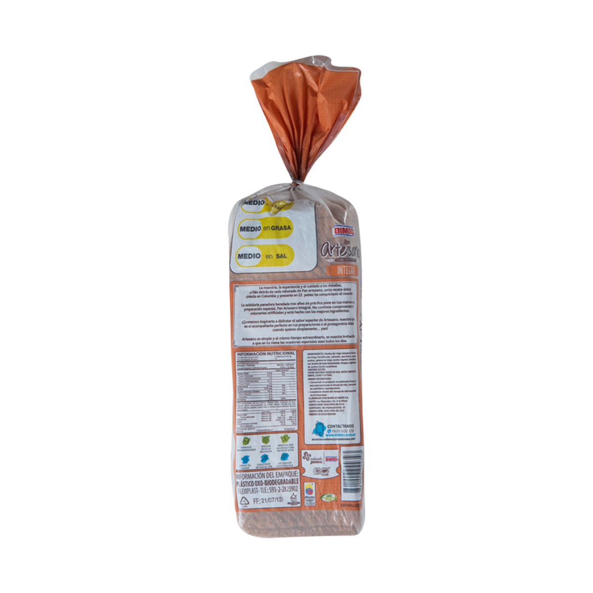 Pan Bimbo Integral Artesano Paquete de 560 Gr