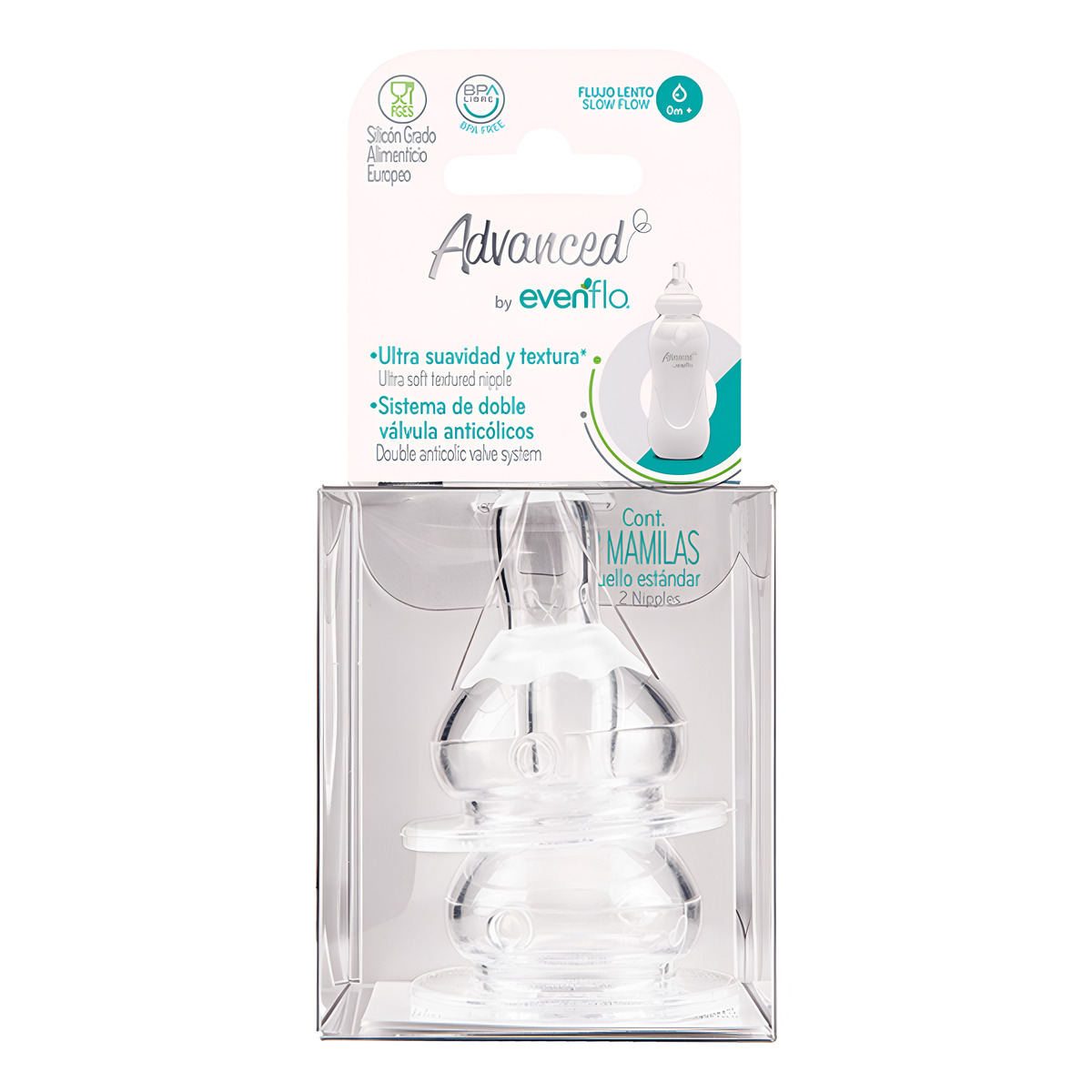 Tetera Evenflo Set 2 Uds Tetina Evenflo Advanced Cuello Estándar Flujo Lento - 1007078