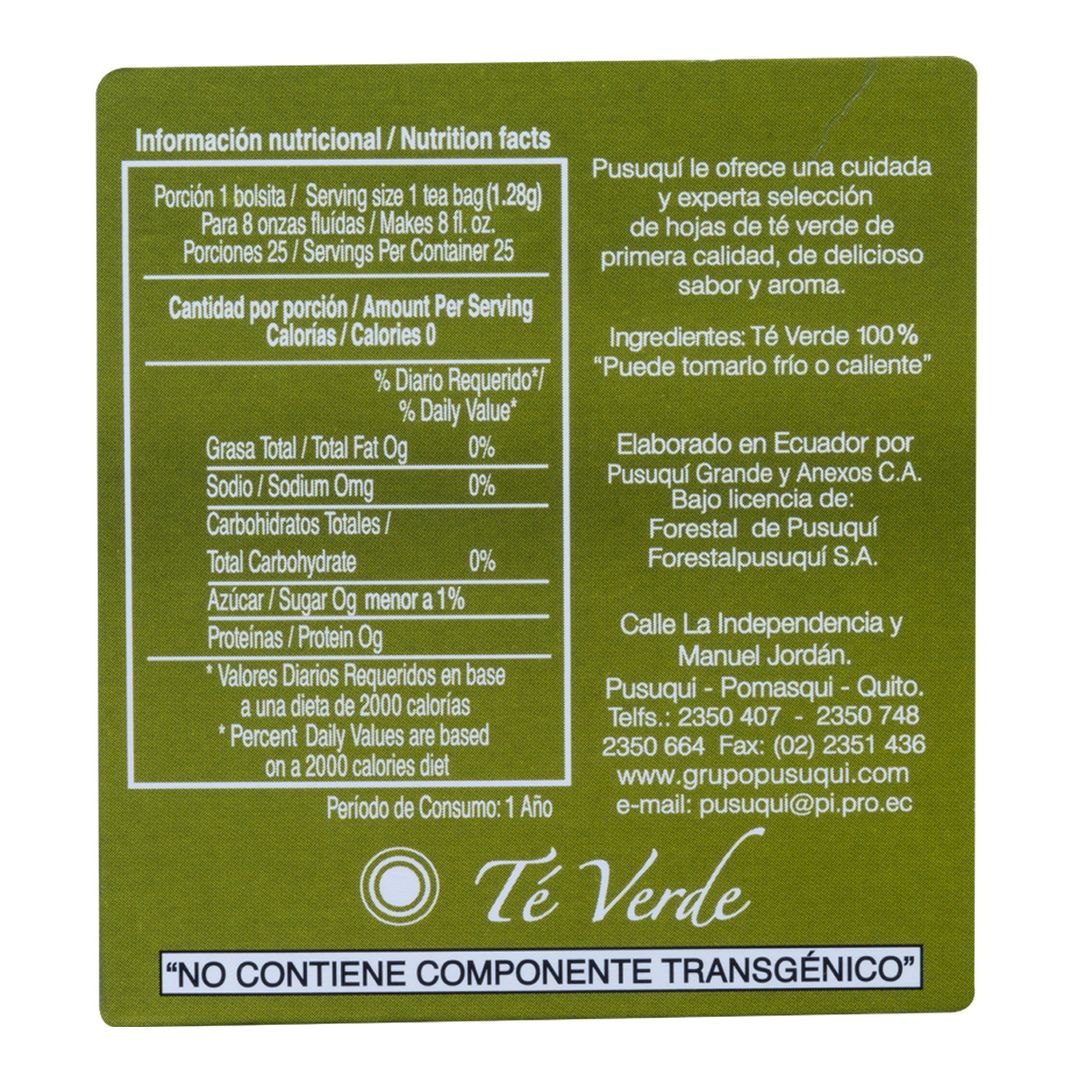 Pack 25 Uds Té Verde Puro Pusuqui 32g 913643