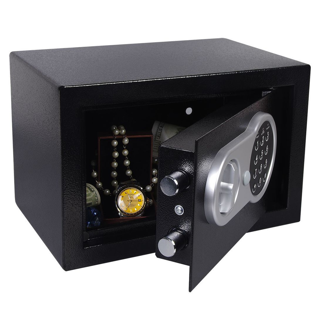 Caja fuerte electrónica con llave, negra, 31 x 20 x 20 cm