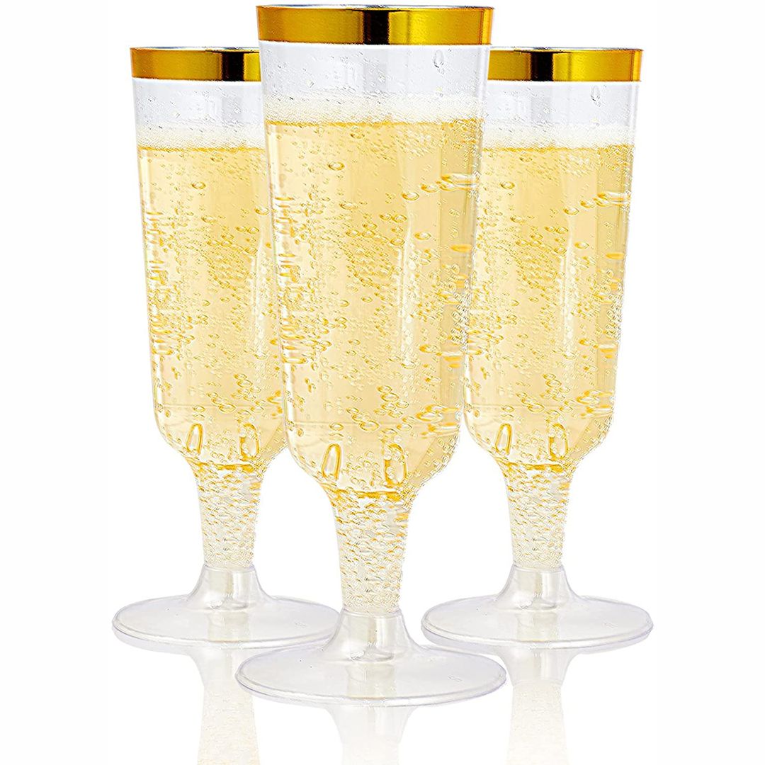  HomeyGear - Copas de vino de plástico blanco con borde dorado,  12 onzas, sin BPA, desechables, elegantes, para fiestas, bodas,  recepciones, vasos reutilizables para EZ CleanUp, paquete de 5 unidades 