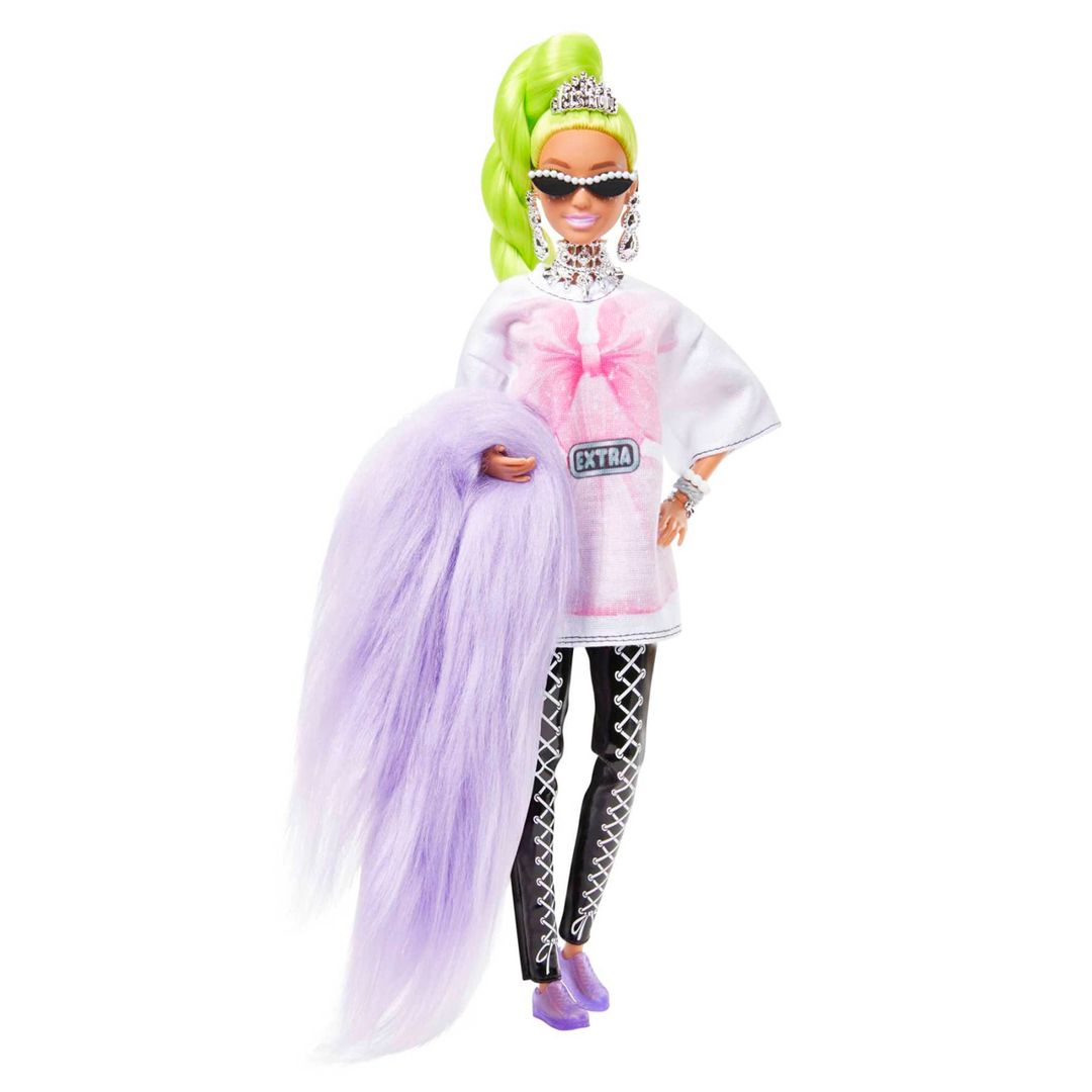 Barbie Muñeca y accesorios, muñeca Barbie Extra Fashion con pelo verde neón  y boa de plumas, loro para mascotas