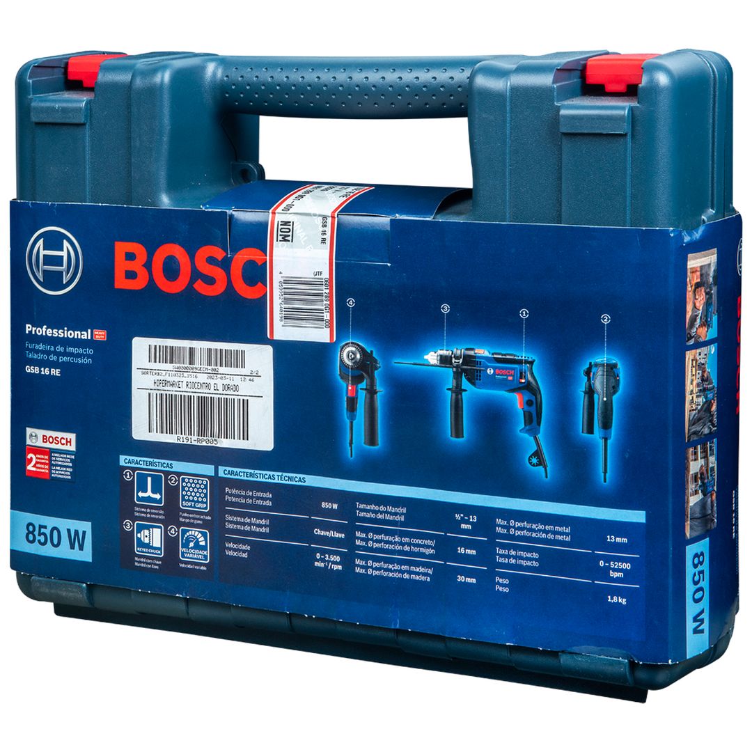 Taladro Percutor Bosch GSB 16 RE 850W 13mm Caja de Carton